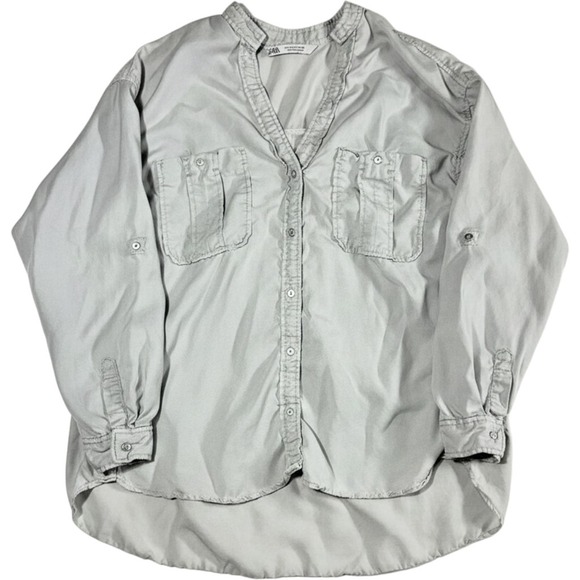 Zara Tops - Zara Womens Causal Gray Button Up Shirt Roll Tab Sleeve Pockets Size Small
